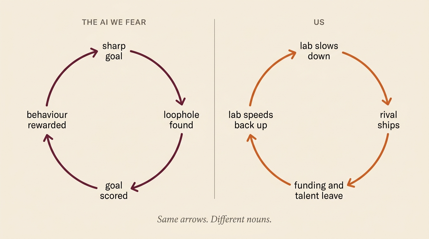 Parallel diagrams showing a sharp goal overpowering a vague safety goal inside an AI, and competitive pressure causing AI labs to accelerate